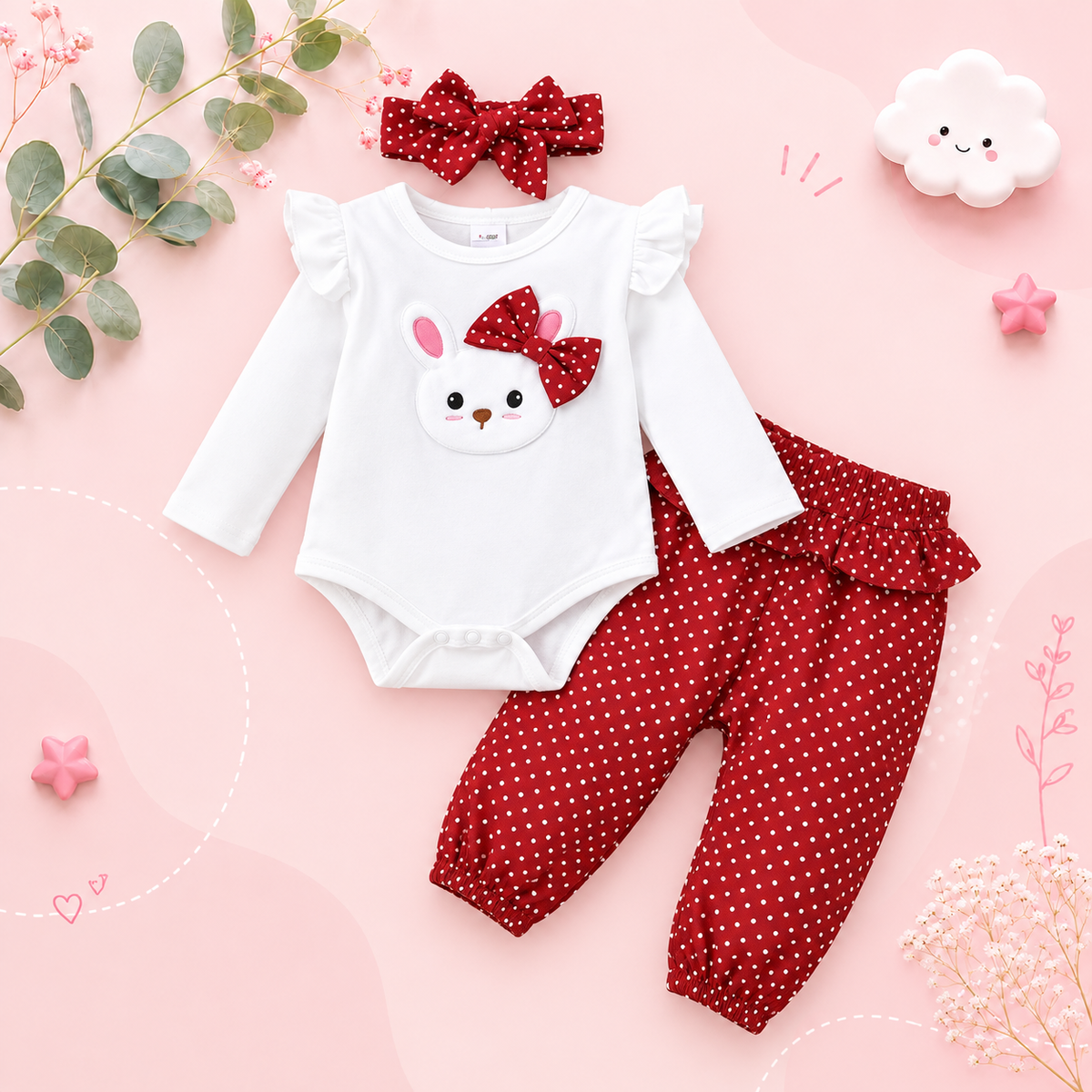 The Nellie - Baby Girl Rabbit Print Long Sleeve Bodysuit + Pants & Headband 3‑Pcs Set