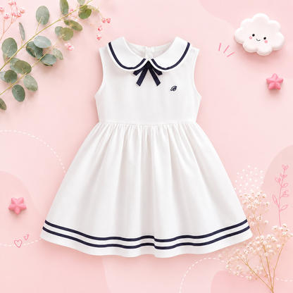 The Jazlyn - Baby Girl Sleeveless Preppy Dress 100% Cotton White School Style Summer Outfit