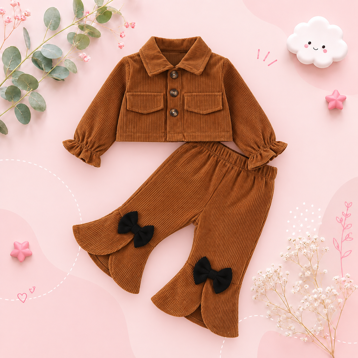 The Lenora - Newborn Baby Girl Brown Cardigan Jacket + Bow Pants Autumn Winter Fashion Set