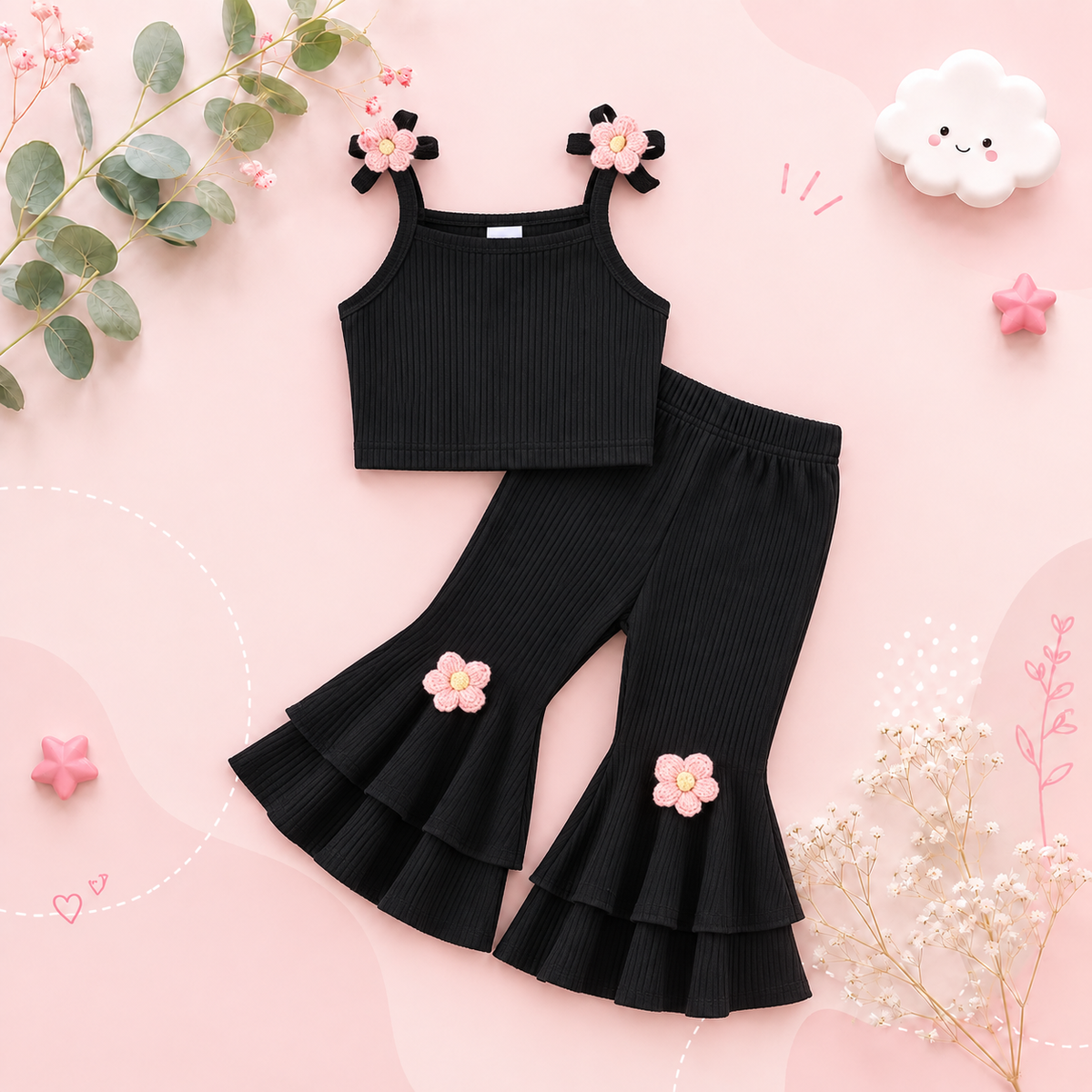 The Zahra - Baby Girl Black Halter Vest + Trumpet Pants 2Pcs Sweet Cute Fashion Outfit