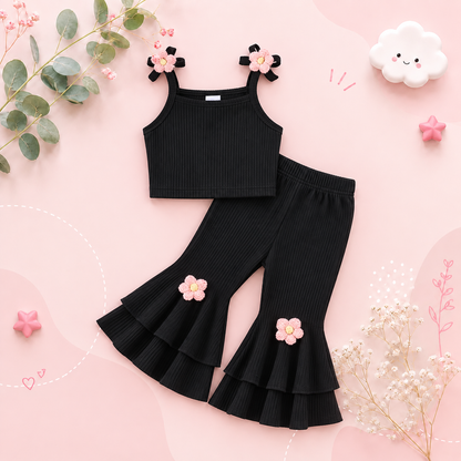The Zahra - Baby Girl Black Halter Vest + Trumpet Pants 2Pcs Sweet Cute Fashion Outfit