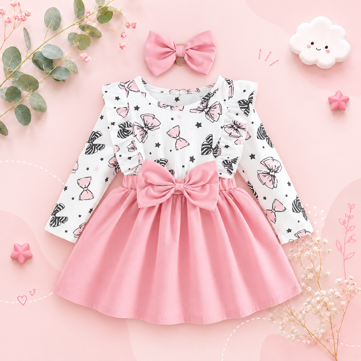 The Marlowe - Baby Girl Cartoon Bow Ruffle Long Sleeve Fake Two‑Piece Splice Dress + Headband