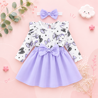 The Marlowe - Baby Girl Cartoon Bow Ruffle Long Sleeve Fake Two‑Piece Splice Dress + Headband