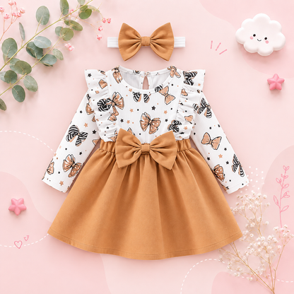 The Marlowe - Baby Girl Cartoon Bow Ruffle Long Sleeve Fake Two‑Piece Splice Dress + Headband