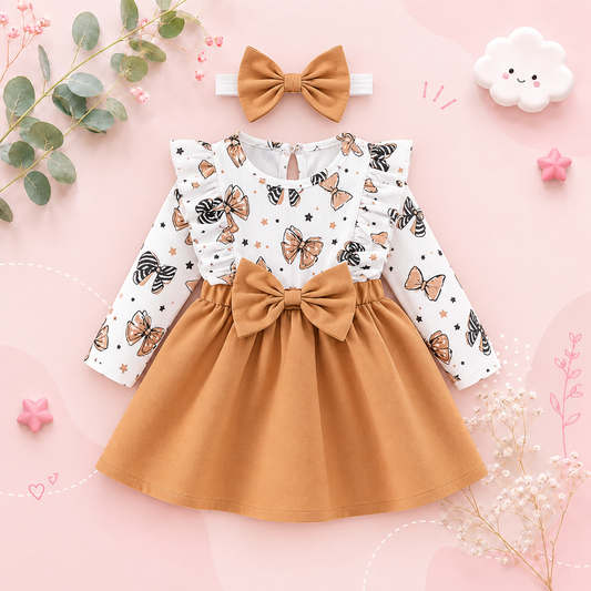The Marlowe - Baby Girl Cartoon Bow Ruffle Long Sleeve Fake Two‑Piece Splice Dress + Headband