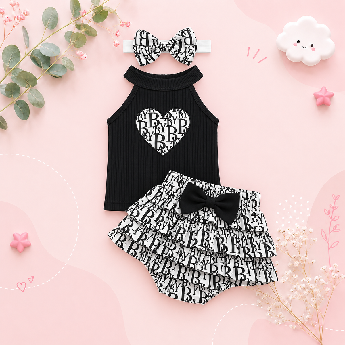 The Virginia - Baby Summer Outfit Sleeveless Neck Strap Top & Lace Bow Triangle Pants 2‑Pcs Set