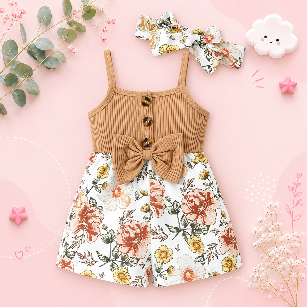 The Amoura - Baby Girl Printed Bow Suspender Jumpsuit & Shorts Newborn Summer 2‑Pcs Outfit