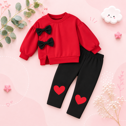 The Lottie - Baby Girl Bow Hooded Sweatshirt & Black Pants Autumn Winter 2 Sets Outfit