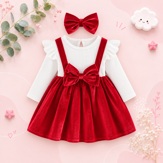 The Jaylani - Baby Girl Gold Velvet Fabric Round Neck Ruffle Edge Long Sleeve Set
