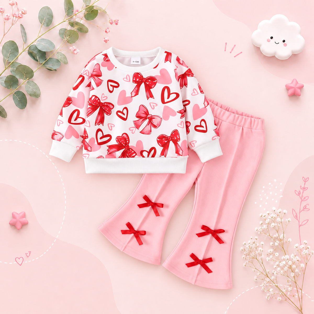 The Jayla - Baby Girl Peach Heart Sweatshirt + Pants Valentine’s Day Casual 2Pcs Outfit Set