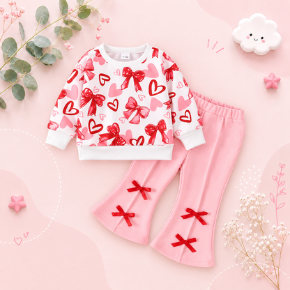 The Jayla - Baby Girl Peach Heart Sweatshirt + Pants Valentine’s Day Casual 2Pcs Outfit Set