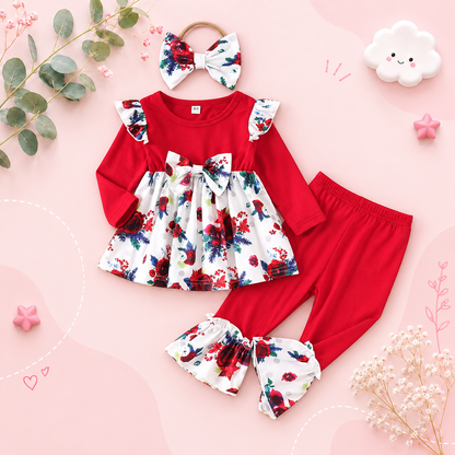The Skye - Baby Girl Red Floral 3Pcs Set Flutter Sleeve Top + Bell Bottoms & Bow Headband