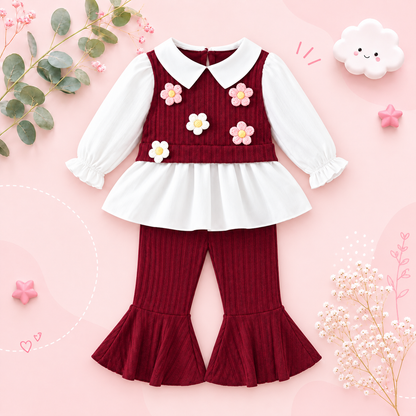The Faye - Toddler Girl 3-Piece Color Block Blouse Vest Flared Pants Outfit Set