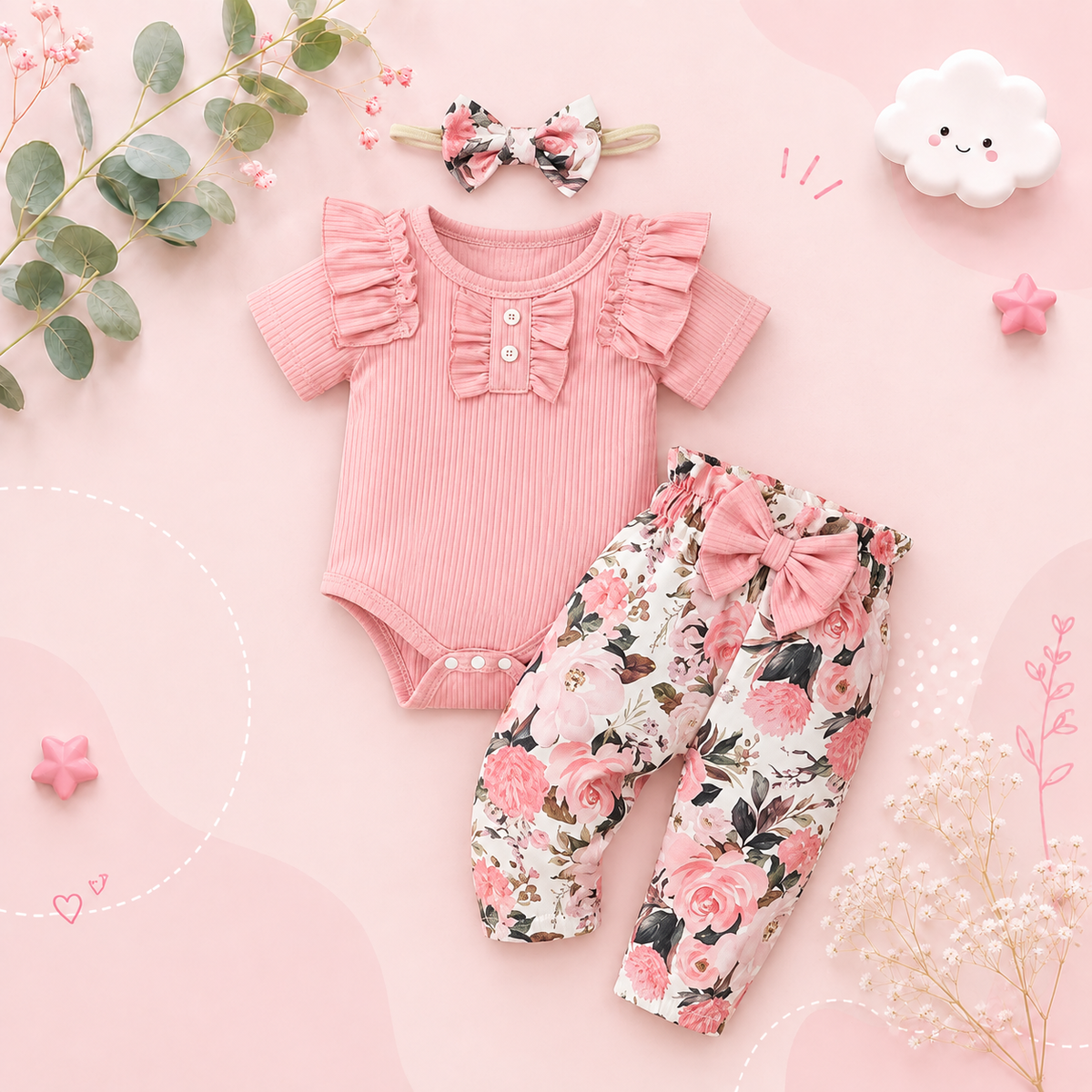 The Raegan - Baby Girl Floral Outfit Set Ruffle Bodysuit Pants Headband Shoes Infant Clothes