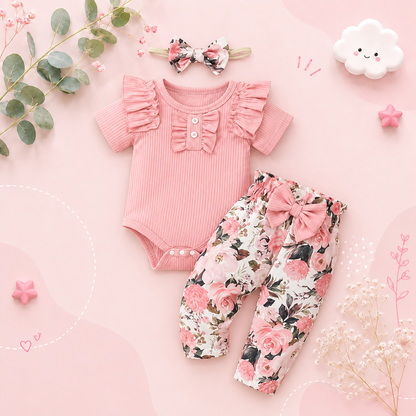 The Raegan - Baby Girl Floral Outfit Set Ruffle Bodysuit Pants Headband Shoes Infant Clothes