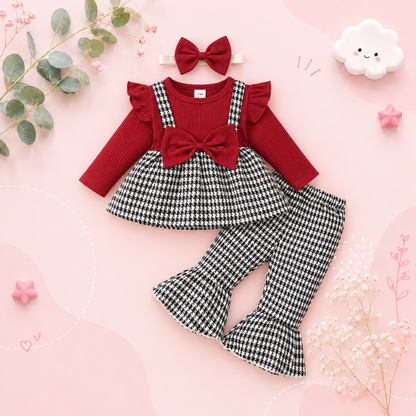 The Scarlet - Baby Girl Houndstooth Color-Block Ruffle Sleeve Faux 2-Piece Autumn Top