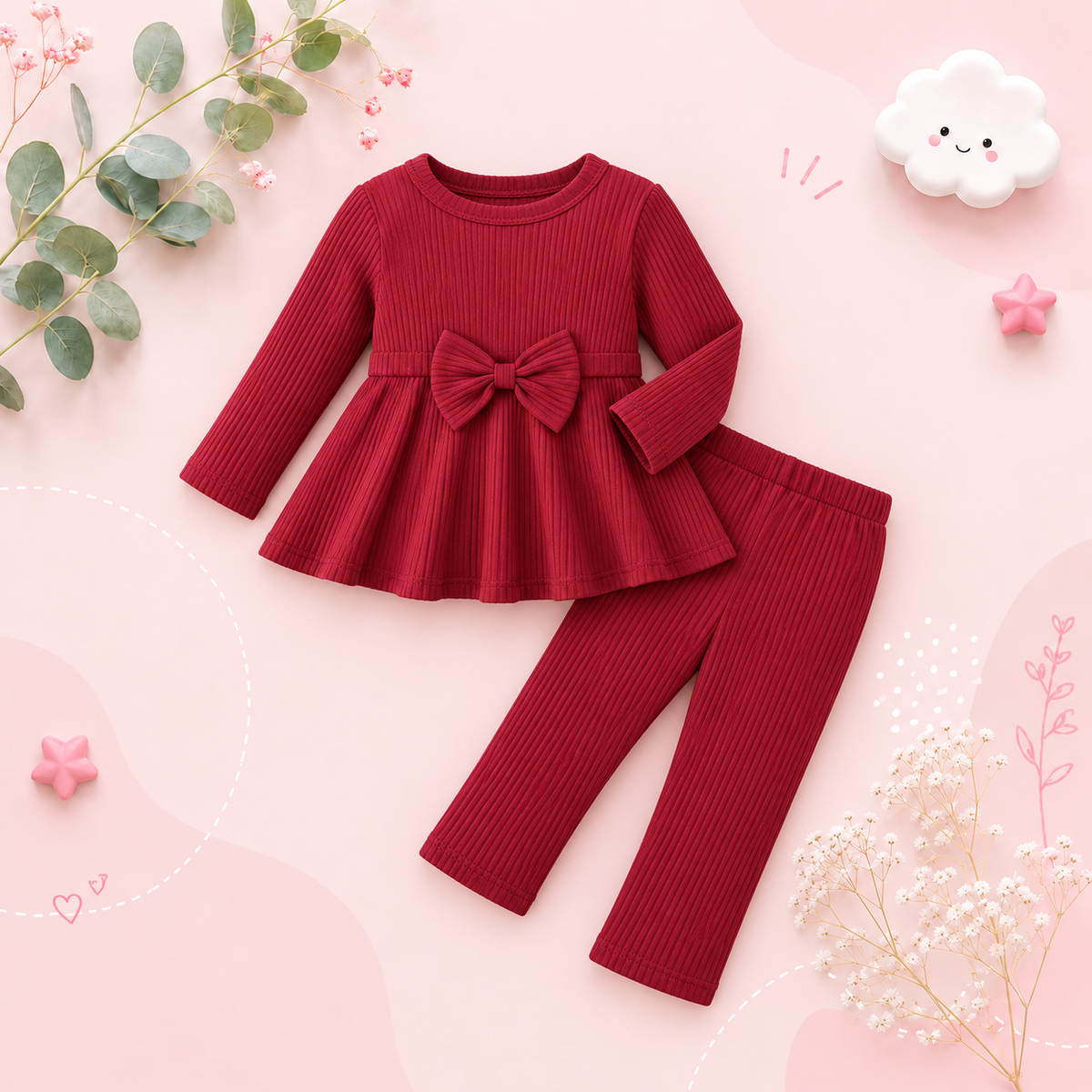 The Analeia - Girls Korean Style Wine Red Ribbed Knit Set with Big Bow Accent Outfit