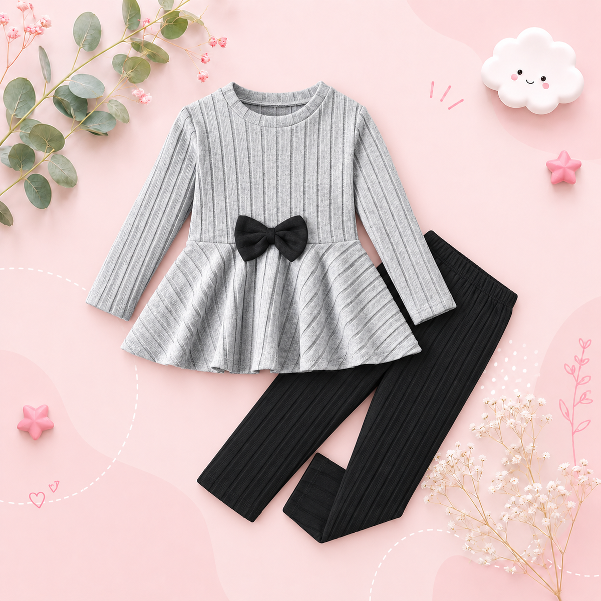 The Louise - Girls Ribbed 2-Piece Set Long Sleeve Shirt & Pants, Spring Autumn Outfit