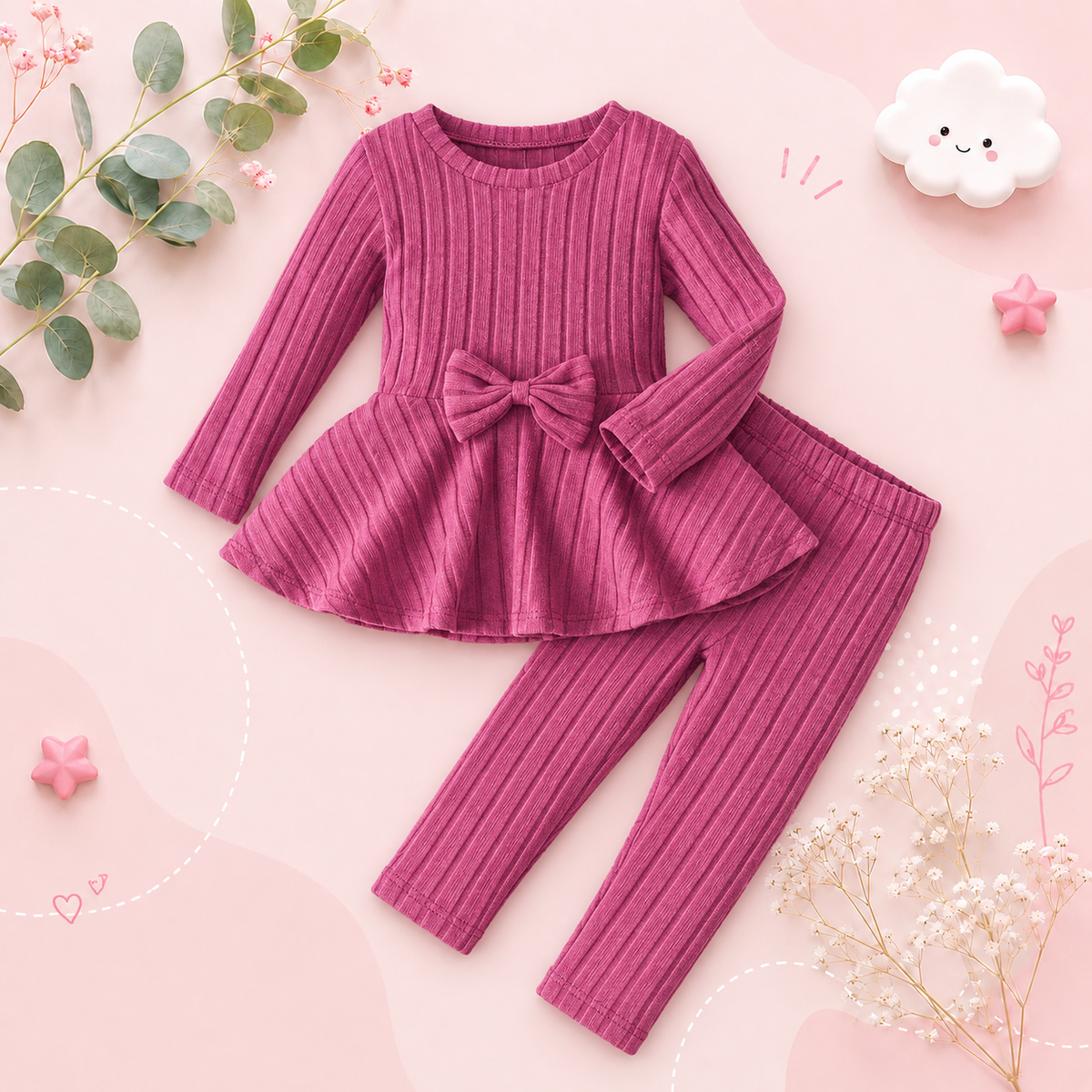 The Louise - Girls Ribbed 2-Piece Set Long Sleeve Shirt & Pants, Spring Autumn Outfit