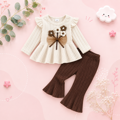 The Clover - Baby Girl Autumn 3D Flower Bow Top with Brown Bell Bottom Pants Set