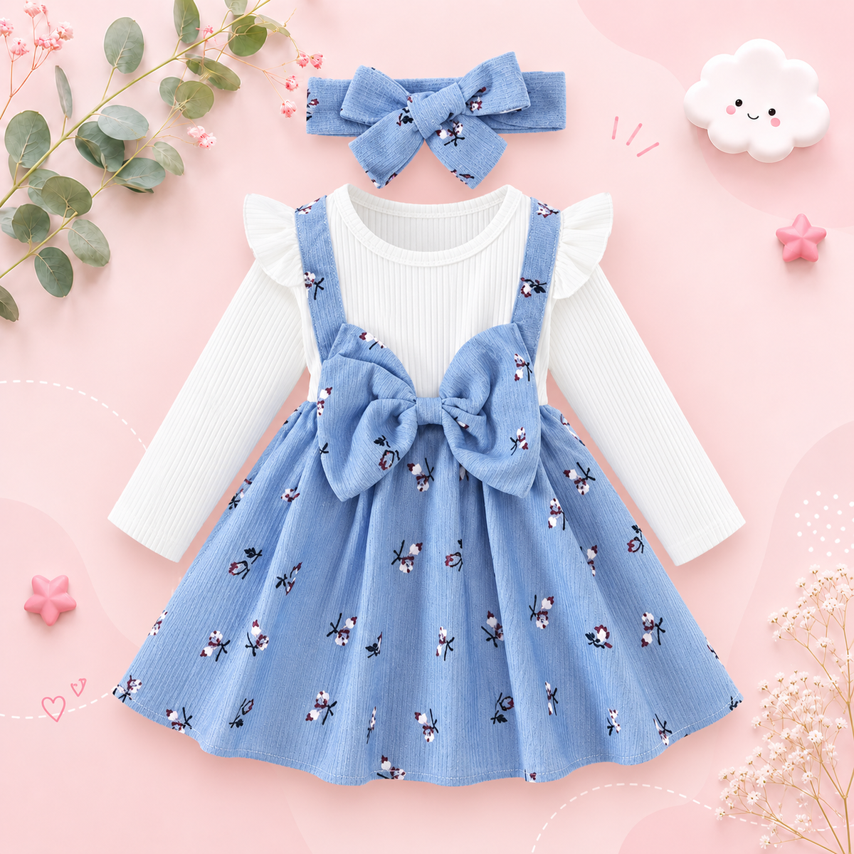 The Rhea - Baby Girl Floral Dress Large Bow & Headband Long Sleeve Autumn Outfit
