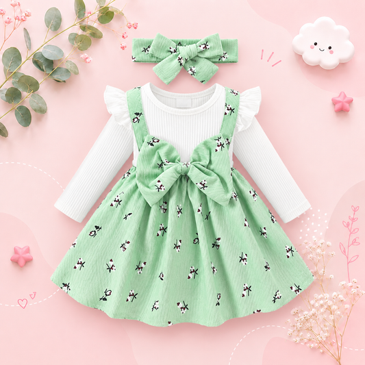 The Rhea - Baby Girl Floral Dress Large Bow & Headband Long Sleeve Autumn Outfit