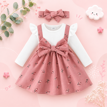 The Rhea - Baby Girl Floral Dress Large Bow & Headband Long Sleeve Autumn Outfit