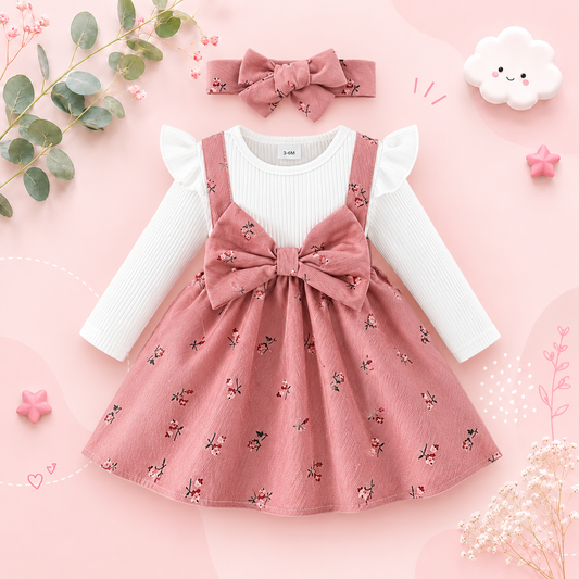 The Rhea - Baby Girl Floral Dress Large Bow & Headband Long Sleeve Autumn Outfit