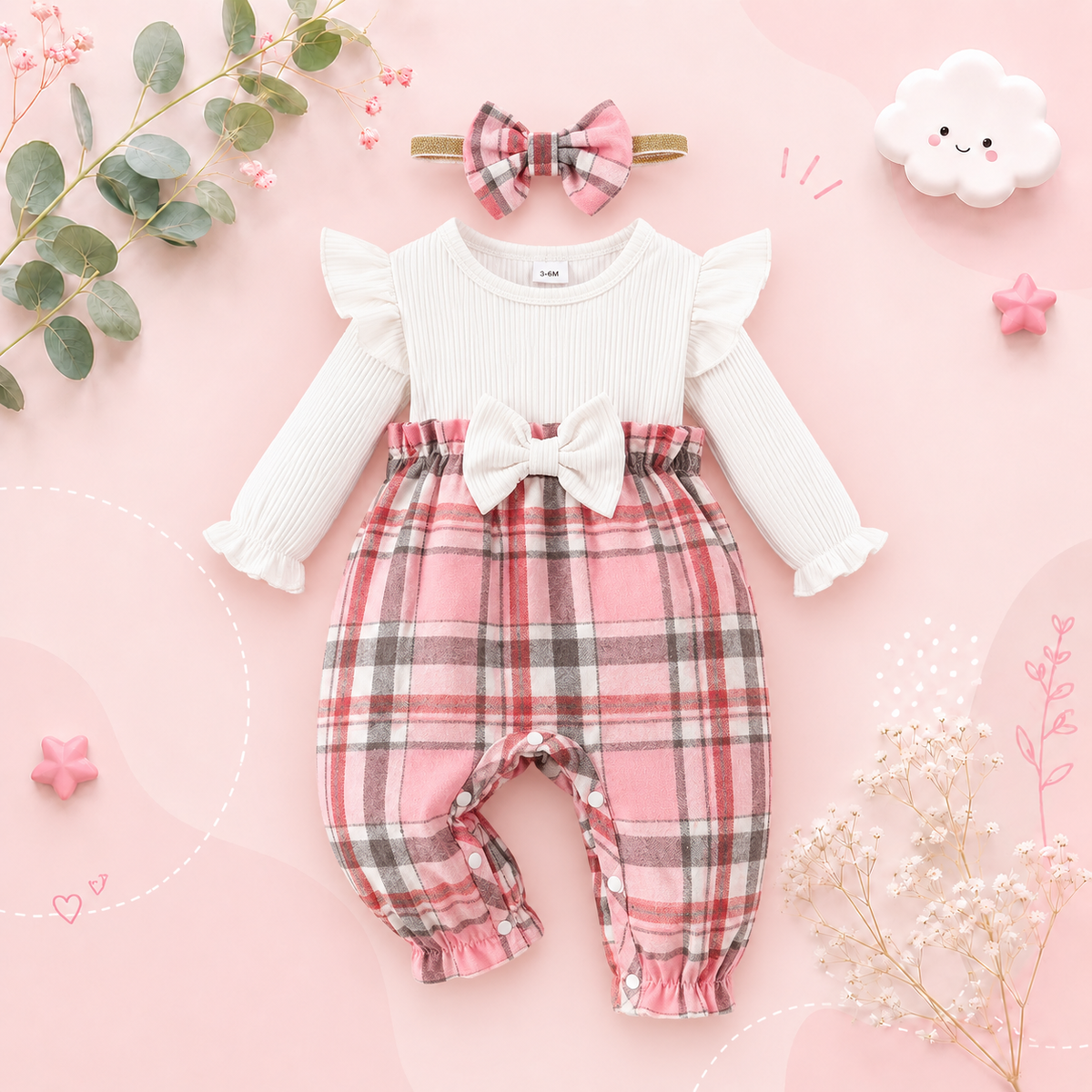 The Destiny - Baby Girl Pink Checkered Romper & Headband Long Sleeve Spring Outfit