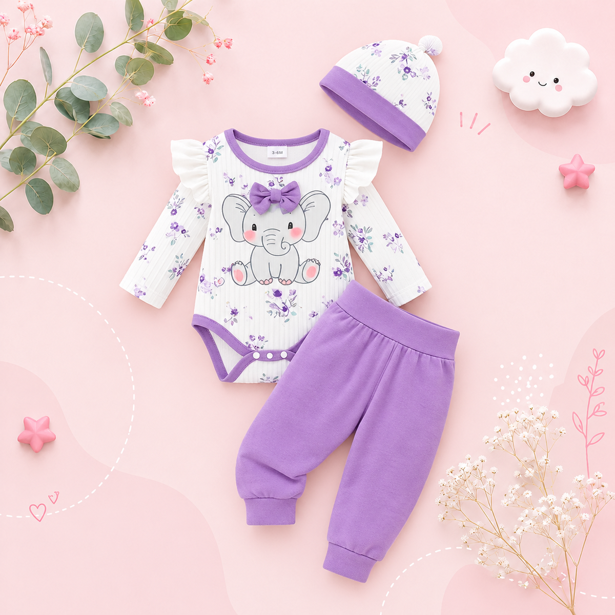 The Indie - Baby Girl 3PCS Purple Elephant Bodysuit Pants & Hat Outfit Set