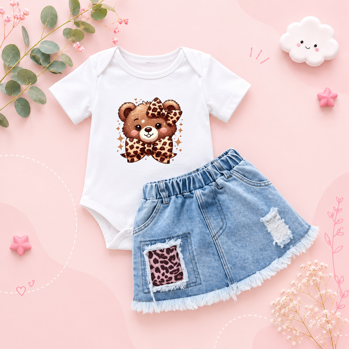 The Gabrielle - Baby Girl Bear Leopard Print Romper & Denim Skirt Summer Set 2PCS