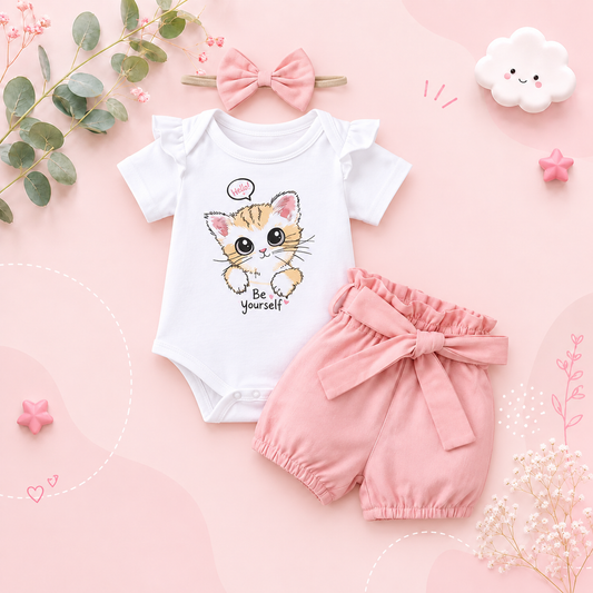 The Rivka - Baby Girl 3PCS Kitten Bodysuit Shorts & Headband Summer Outfit Set