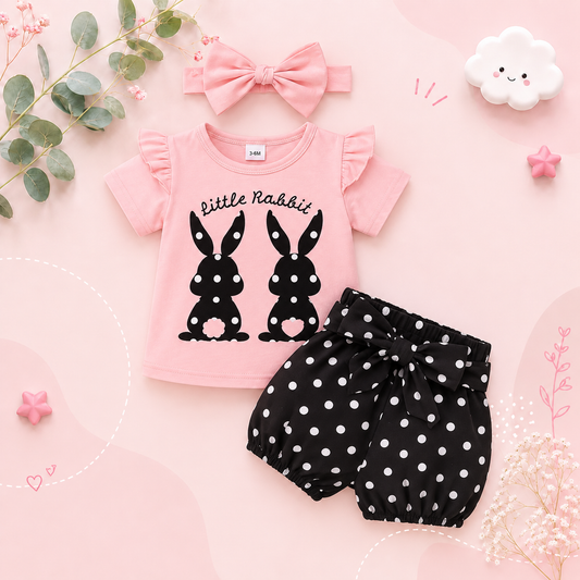 The Azariah - Baby Girl 3PCS Rabbit T-Shirt Polka Dot Shorts & Headband Outfit