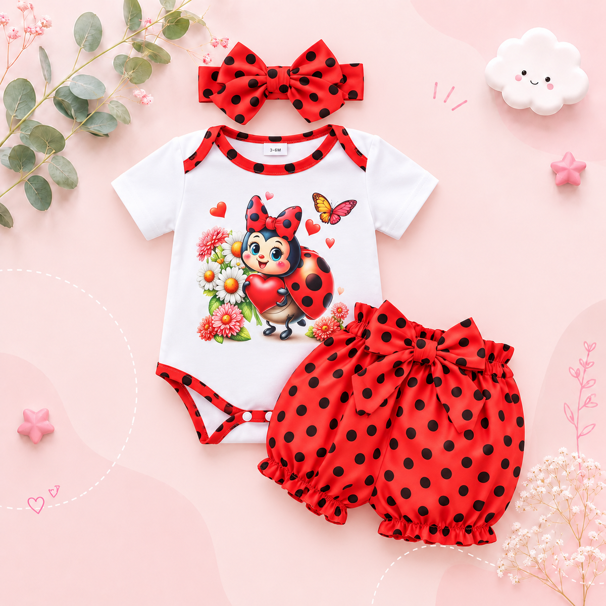The Cassandra - Baby Girl 3PCS Ladybug Romper Polka Dot Shorts & Headband