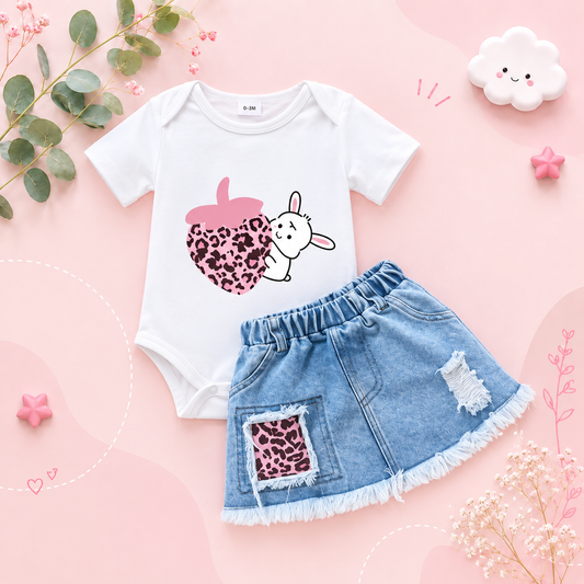 The Andi - Baby Girl Strawberry Rabbit Top Frayed Denim Skirt Summer Outfit 2PCS