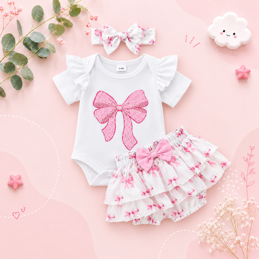 The Lexi - Baby Girl 3PCS Bow Embroidered Romper Shorts & Headband Summer Outfit