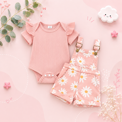 The Keira - Baby Girl 2PCS Floral Romper & Suspender Shorts Summer Outfit Set