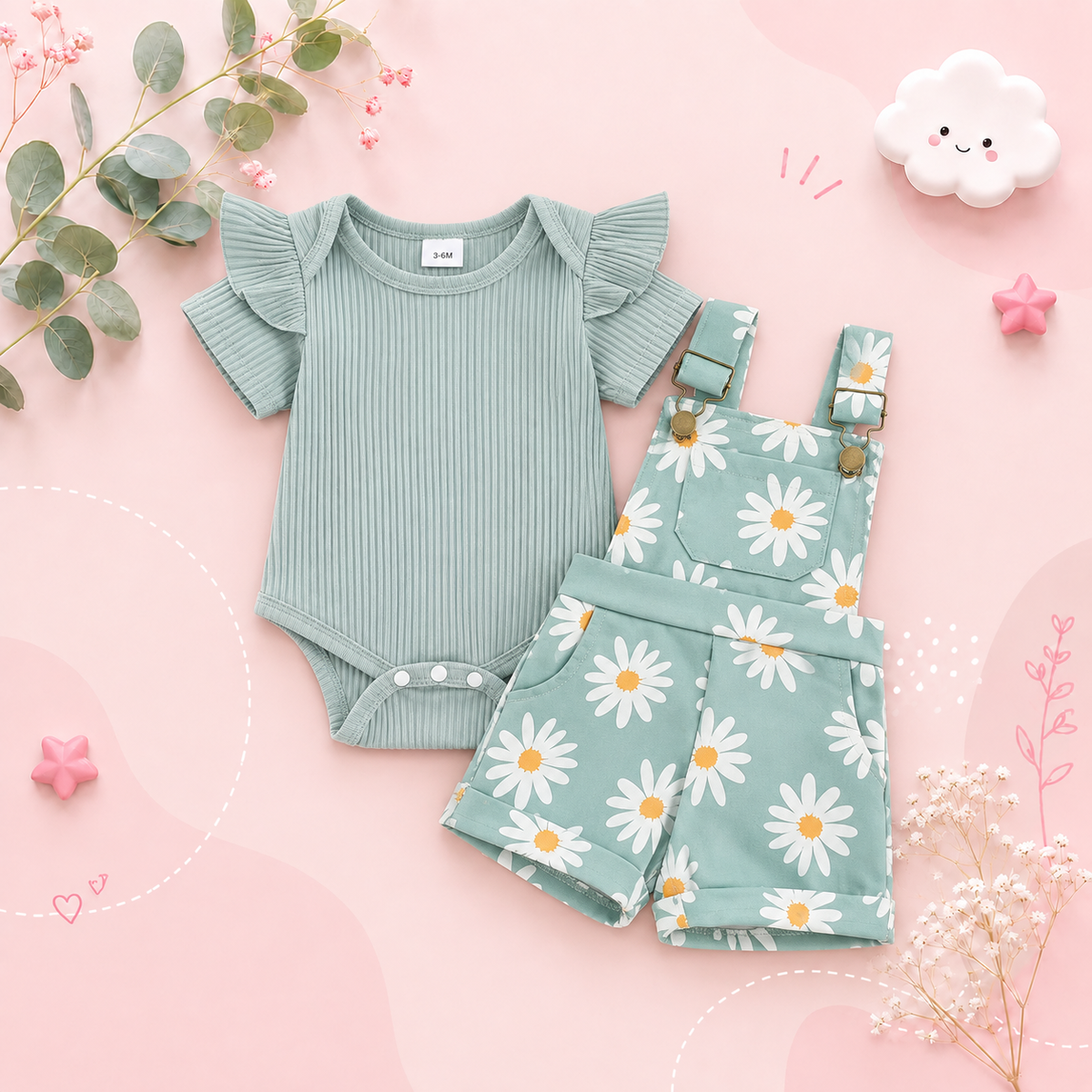 The Keira - Baby Girl 2PCS Floral Romper & Suspender Shorts Summer Outfit Set
