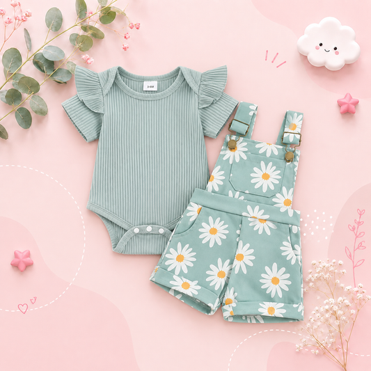 The Keira - Baby Girl 2PCS Floral Romper & Suspender Shorts Summer Outfit Set