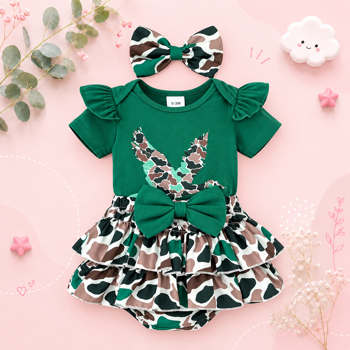 The Goldie - Newborn Baby Girl Bird Print Short Sleeve Top Shorts Headband Set 3PCS