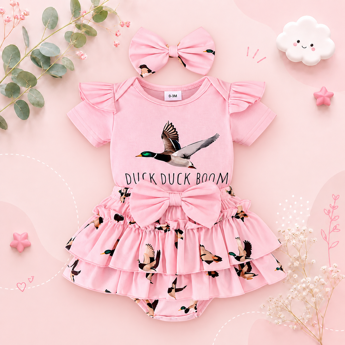 The Goldie - Newborn Baby Girl Bird Print Short Sleeve Top Shorts Headband Set 3PCS