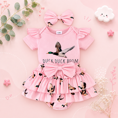 The Goldie - Newborn Baby Girl Bird Print Short Sleeve Top Shorts Headband Set 3PCS