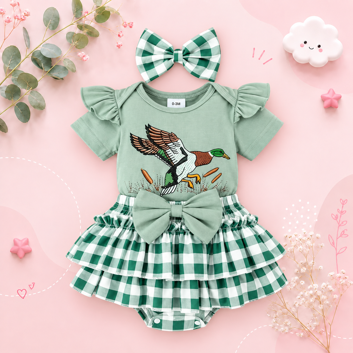 The Goldie - Newborn Baby Girl Bird Print Short Sleeve Top Shorts Headband Set 3PCS