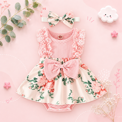 The Marie - Newborn Baby Girl Floral Print Lace Romper with Headband Summer Outfit