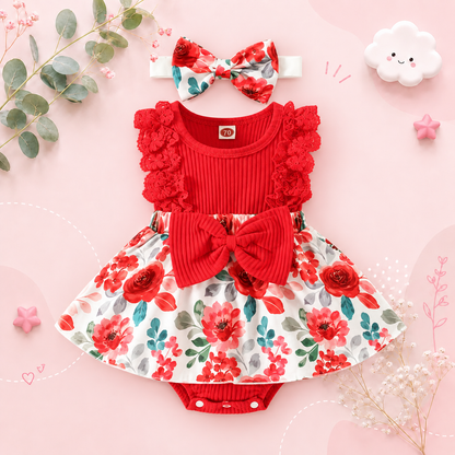 The Marie - Newborn Baby Girl Floral Print Lace Romper with Headband Summer Outfit