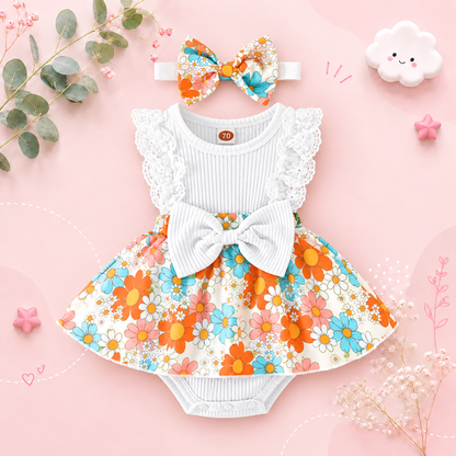 The Marie - Newborn Baby Girl Floral Print Lace Romper with Headband Summer Outfit