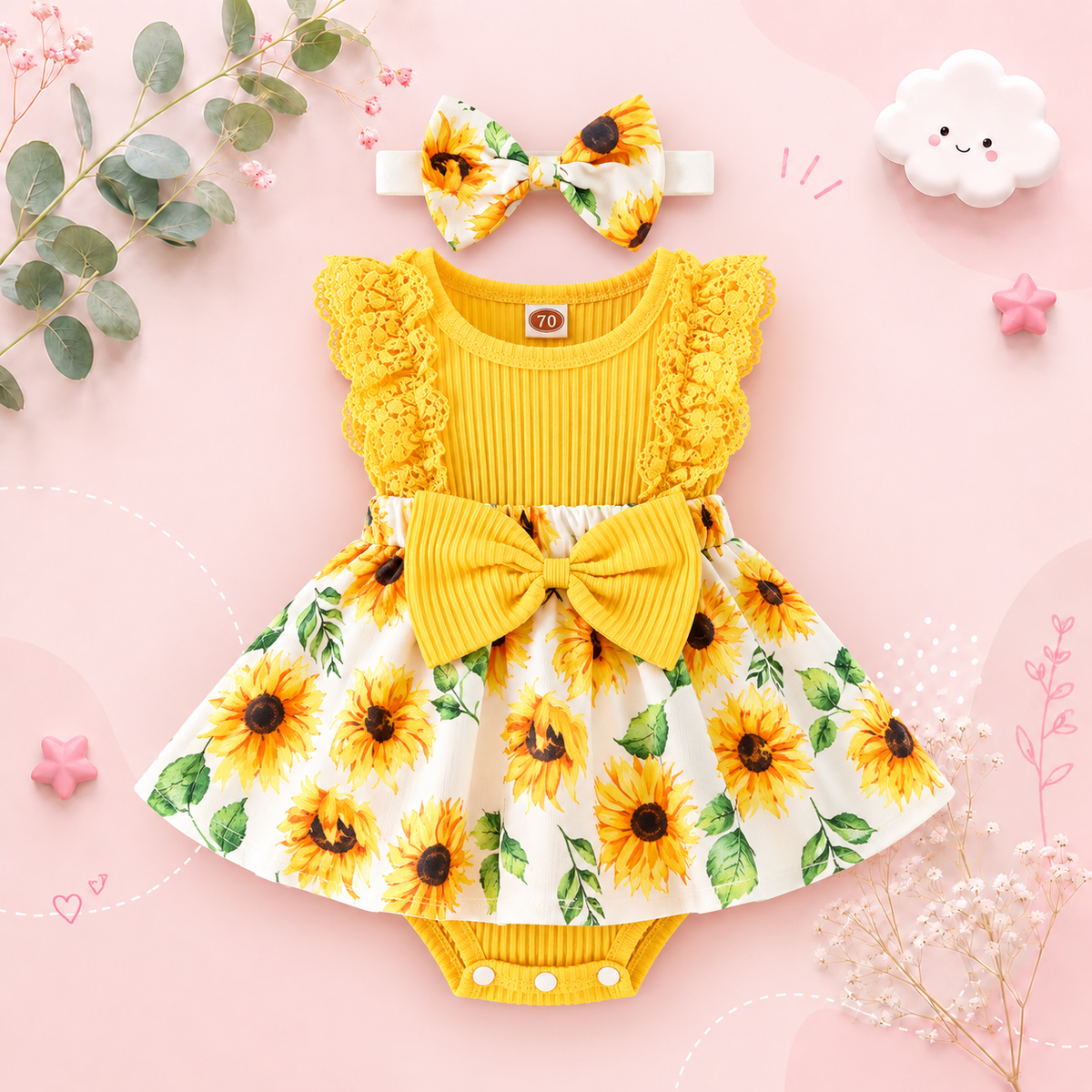 The Marie - Newborn Baby Girl Floral Print Lace Romper with Headband Summer Outfit