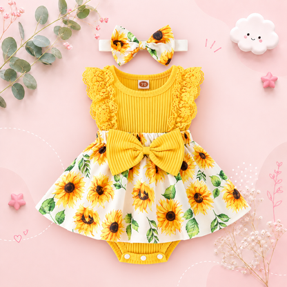 The Marie - Newborn Baby Girl Floral Print Lace Romper with Headband Summer Outfit