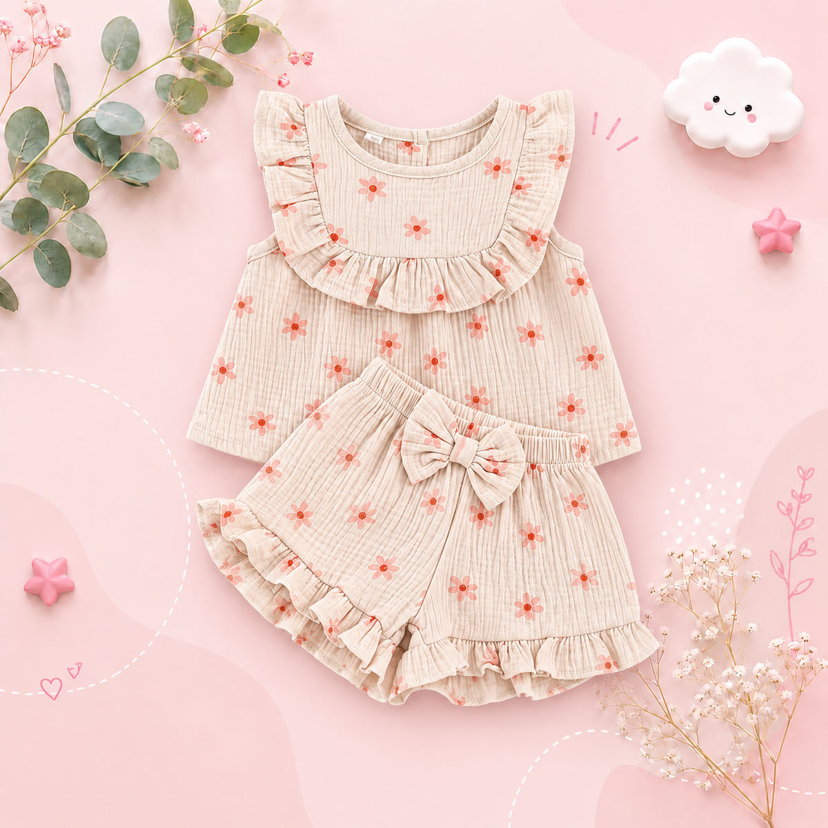 The Anne - Newborn Baby Girl Floral Cotton Linen Tank Top Shorts Set Summer Wear
