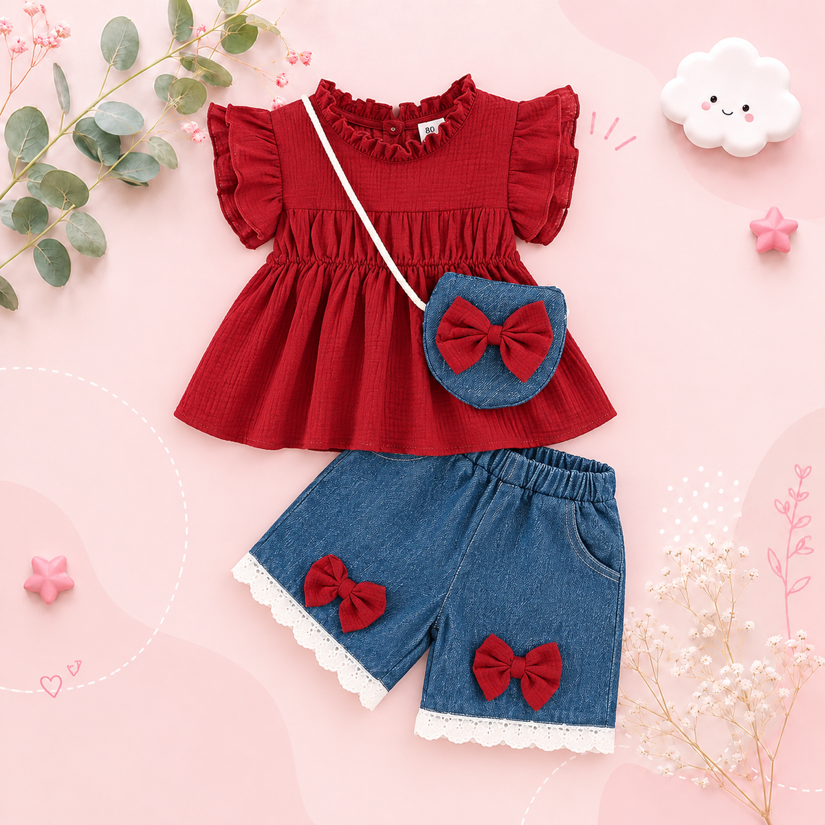 The Siena - Baby Girl 3PCS Ruffle Sleeve Top Blue Shorts & Mini Bag Summer Outfit